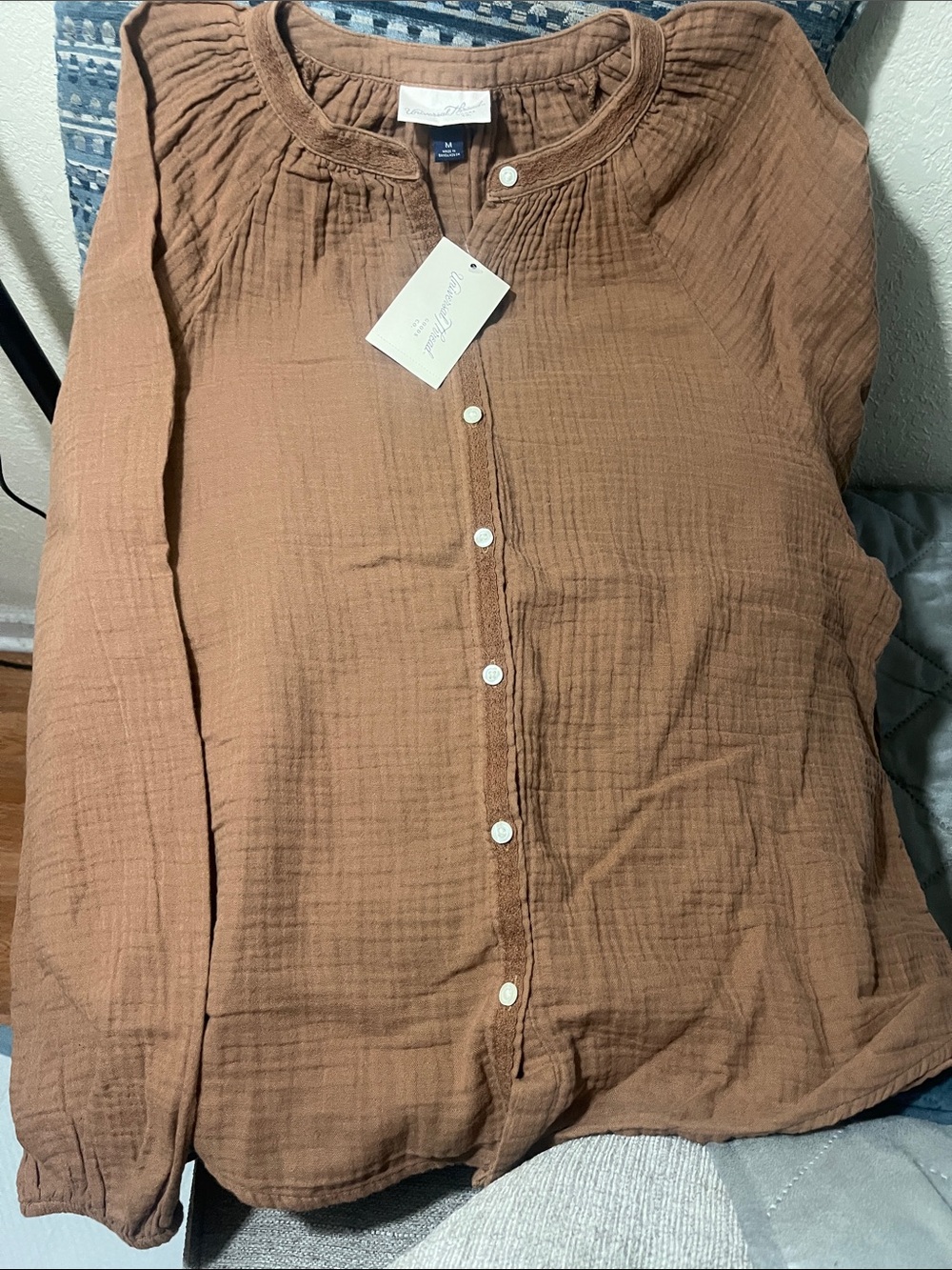 Brown Button-Front Gauze Blouse